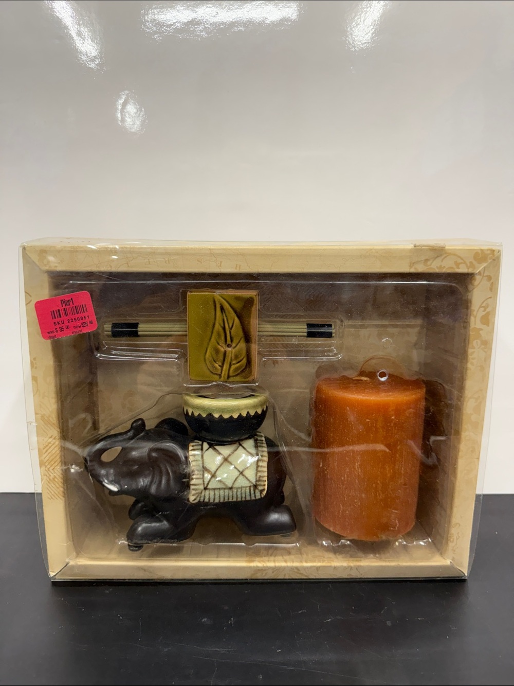 Pier 1 Brown Elephant Oil Burner with Orange Candle Set